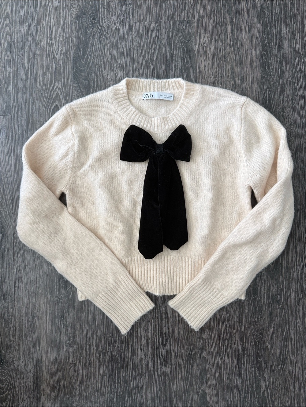 Zara Cream Knit Sweater with Black Bow Accent